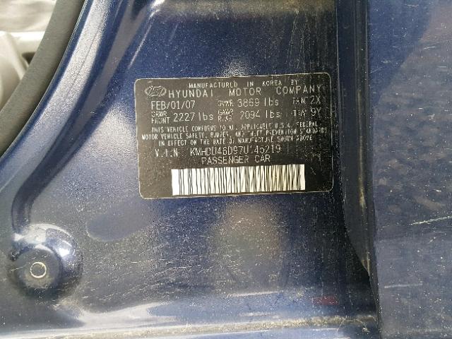 KMHDU46D97U145219 - 2007 HYUNDAI ELANTRA GL BLUE photo 10