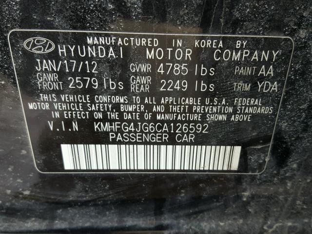 KMHFG4JG6CA126592 - 2012 HYUNDAI AZERA GLS BLACK photo 10