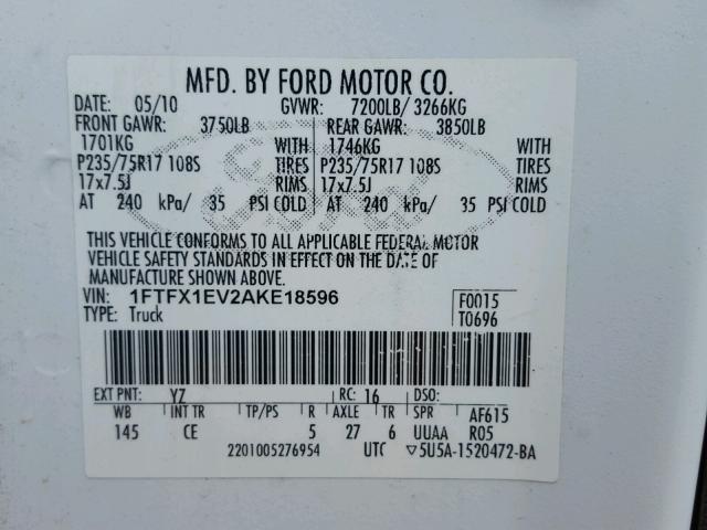 1FTFX1EV2AKE18596 - 2010 FORD F150 SUPER WHITE photo 10