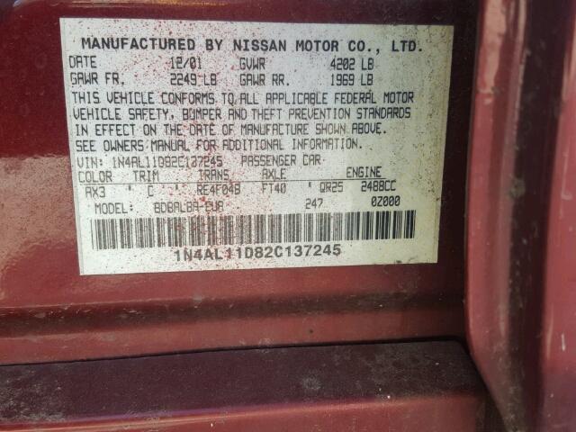 1N4AL11D82C137245 - 2002 NISSAN ALTIMA BAS BURGUNDY photo 10