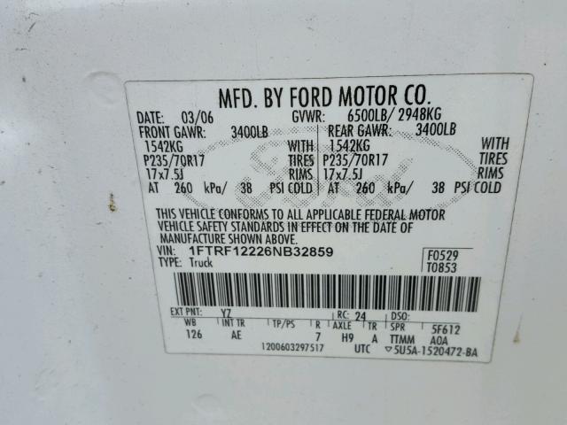 1FTRF12226NB32859 - 2006 FORD F150 WHITE photo 10