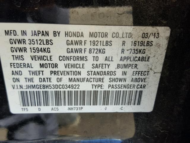 JHMGE8H53DC034922 - 2013 HONDA FIT SPORT BLACK photo 10