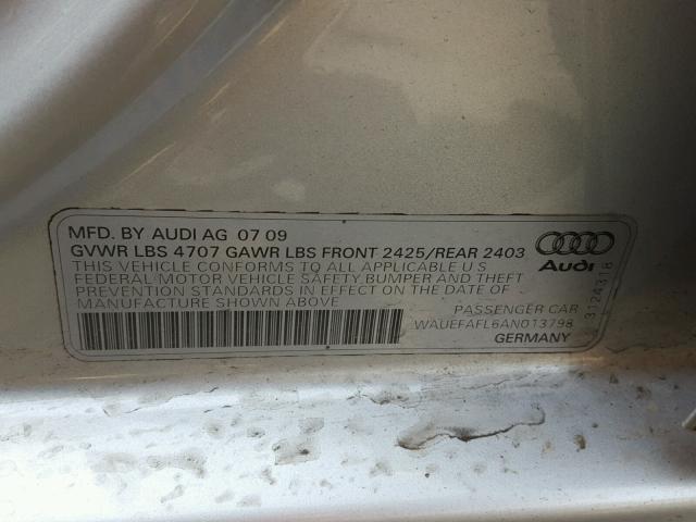 WAUEFAFL6AN013798 - 2010 AUDI A4 PREMIUM SILVER photo 10