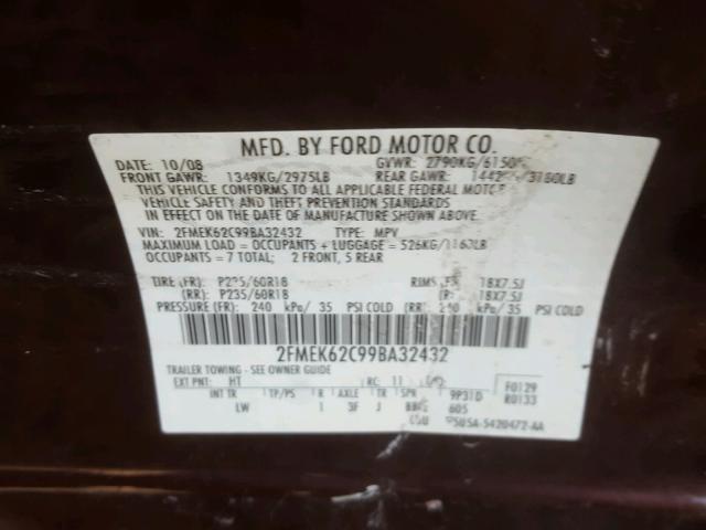 2FMEK62C99BA32432 - 2009 FORD FLEX SEL BLACK photo 10