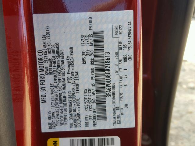 3FA6P0LU8GR218613 - 2016 FORD FUSION SE RED photo 10