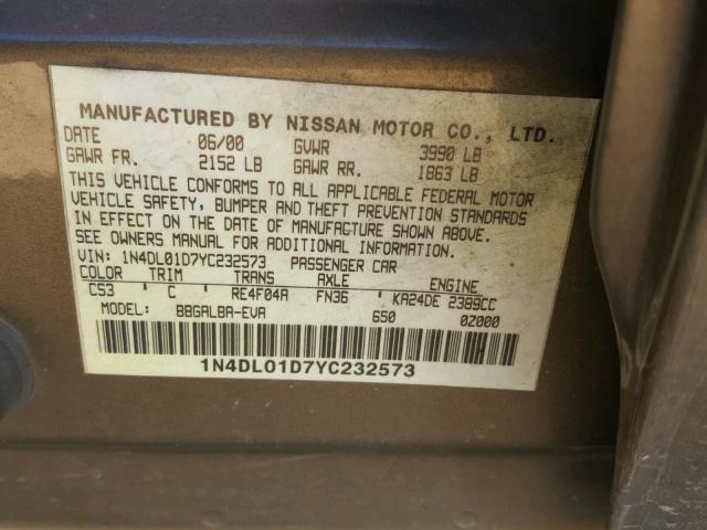 1N4DL01D7YC232573 - 2000 NISSAN ALTIMA XE GRAY photo 10