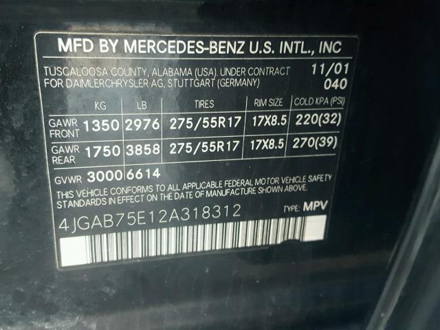 4JGAB75E12A318312 - 2002 MERCEDES-BENZ ML 500 BLACK photo 10