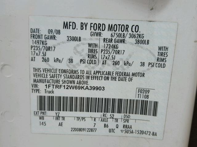 1FTRF12W69KA39903 - 2009 FORD F150 WHITE photo 10