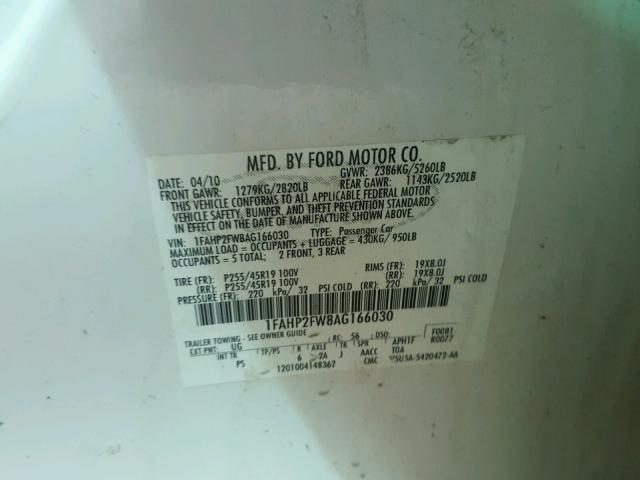 1FAHP2FW8AG166030 - 2010 FORD TAURUS LIM WHITE photo 10