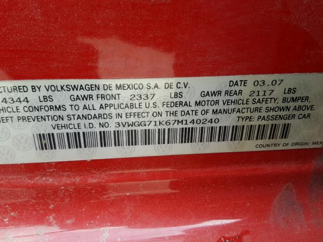 3VWGG71K67M140240 - 2007 VOLKSWAGEN JETTA RED photo 10