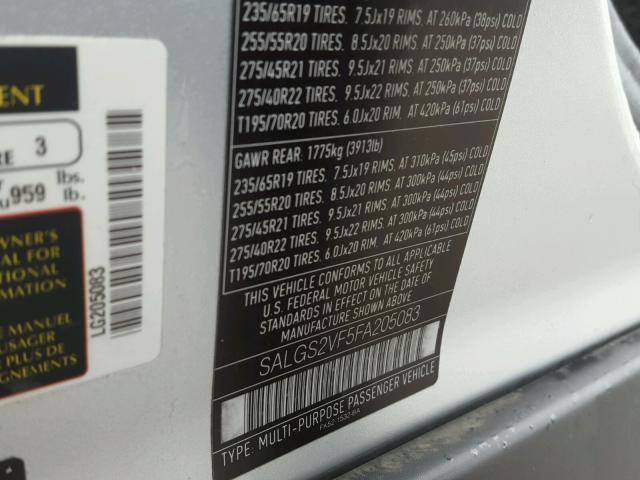 SALGS2VF5FA205083 - 2015 LAND ROVER RANGE ROVE SILVER photo 10