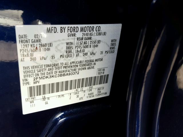 2FMDK3KC3BBA93372 - 2011 FORD EDGE LIMIT BLUE photo 10