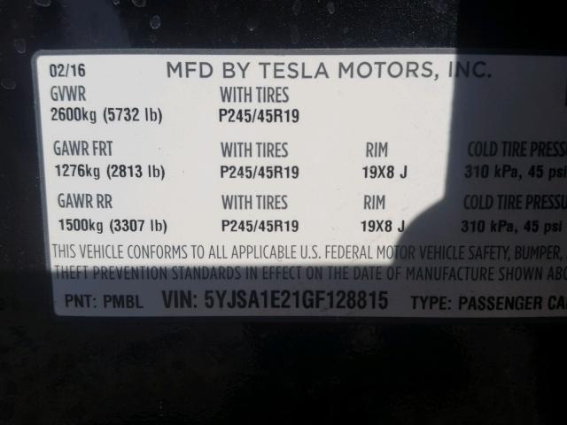 5YJSA1E21GF128815 - 2016 TESLA MODEL S BLACK photo 10