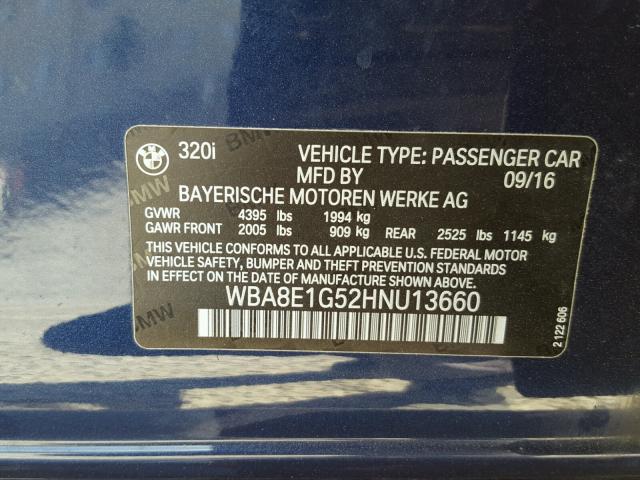 WBA8E1G52HNU13660 - 2017 BMW 320 I BLUE photo 10