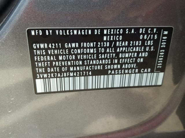 3VW2K7AJ8FM421714 - 2015 VOLKSWAGEN JETTA BASE 灰色 照片 10