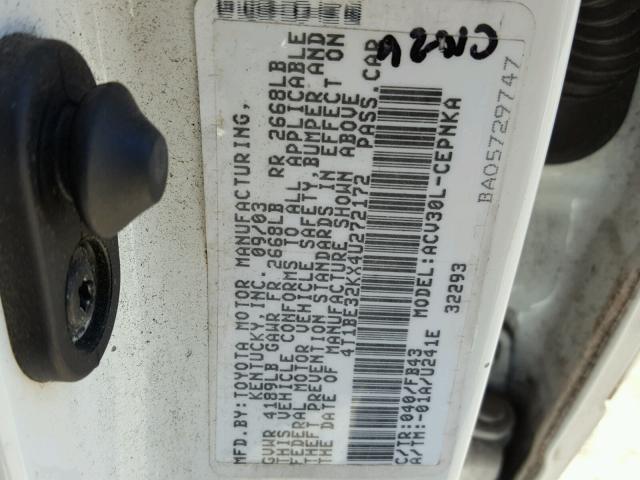 4T1BE32KX4U272172 - 2004 TOYOTA CAMRY LE WHITE photo 10