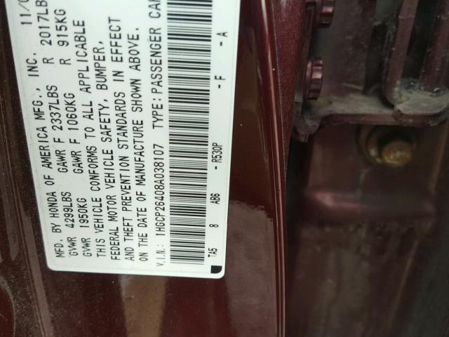 1HGCP26408A038107 - 2008 HONDA ACCORD LXP BURGUNDY photo 10