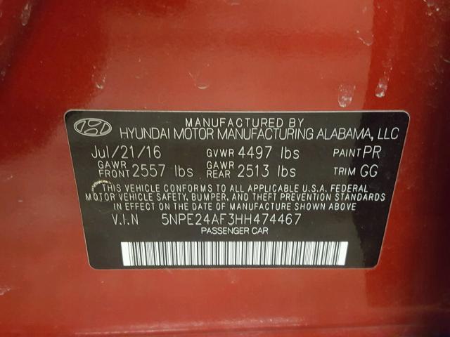 5NPE24AF3HH474467 - 2017 HYUNDAI SONATA SE RED photo 10