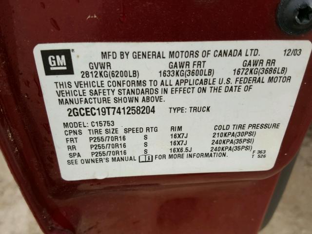 2GCEC19T741258204 - 2004 CHEVROLET SILVERADO MAROON photo 10