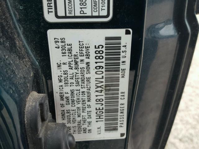 1HGEJ814XVL091885 - 1997 HONDA CIVIC EX მწვანე ფოტო 10