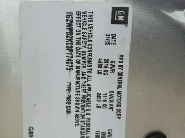 1G2WP52K03F174075 - 2003 PONTIAC GRAND PRIX SILVER photo 10