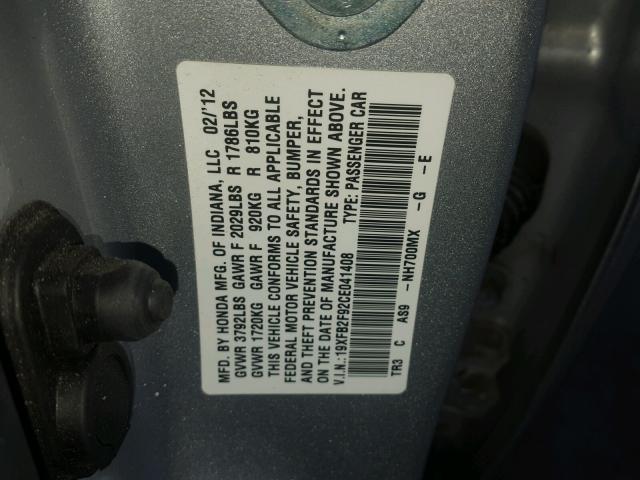 19XFB2F92CE041408 - 2012 HONDA CIVIC EXL SILVER photo 10