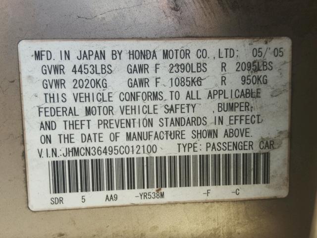 JHMCN36495C012100 - 2005 HONDA ACCORD HYB GOLD photo 10