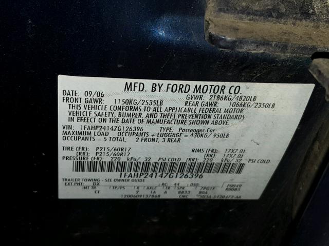 1FAHP24147G126396 - 2007 FORD FIVE HUNDR BLUE photo 10