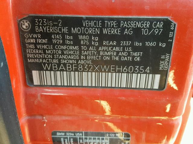 WBABF832XWEH60354 - 1998 BMW 323 IS AUT RED photo 10