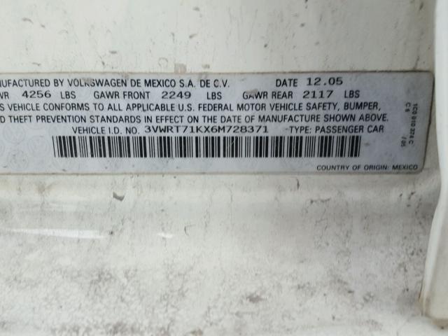 3VWRT71KX6M728371 - 2006 VOLKSWAGEN JETTA TDI WHITE photo 10