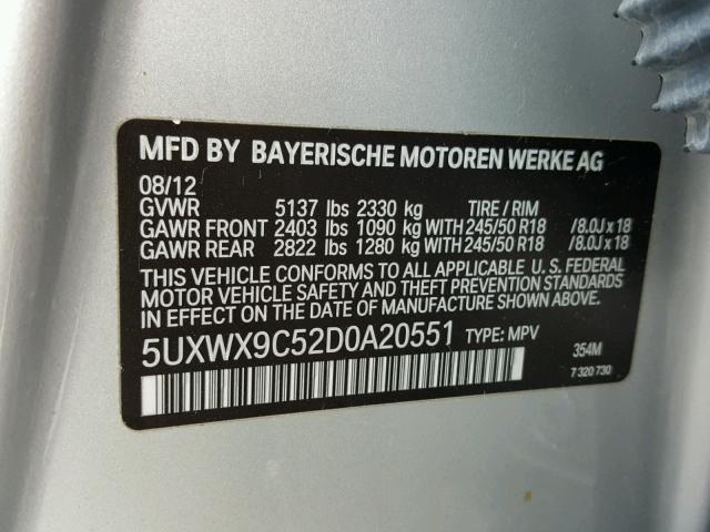 5UXWX9C52D0A20551 - 2013 BMW X3 XDRIVE2 SILVER photo 10