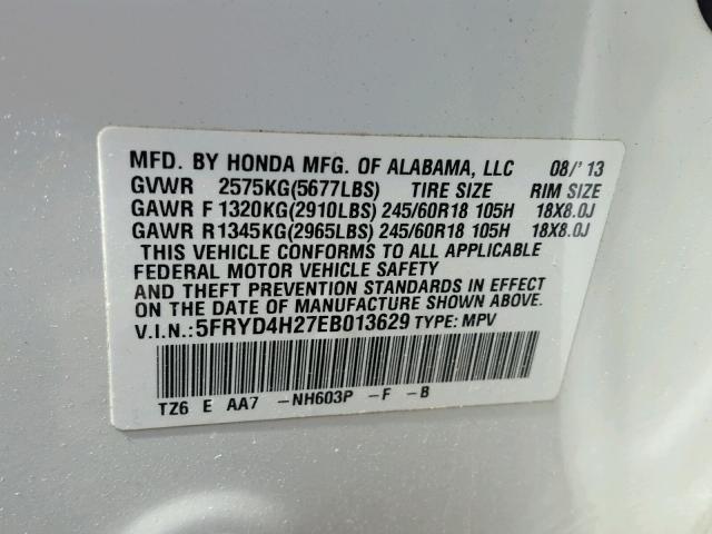 5FRYD4H27EB013629 - 2014 ACURA MDX WHITE photo 10