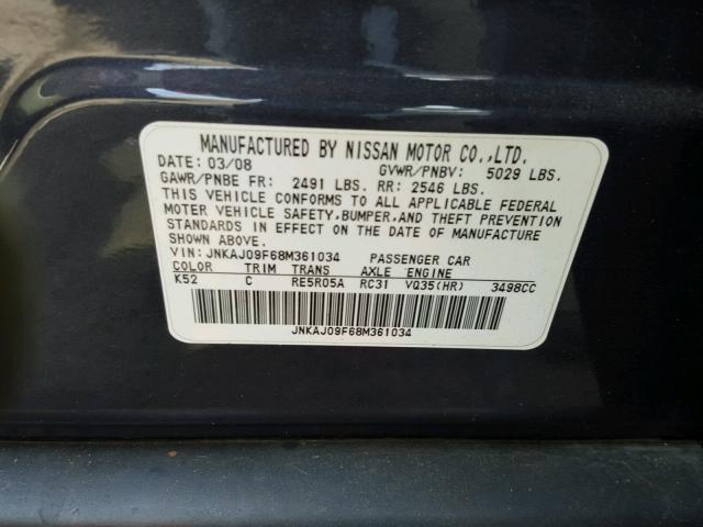 JNKAJ09F68M361034 - 2008 INFINITI EX35 BASE BLUE photo 10