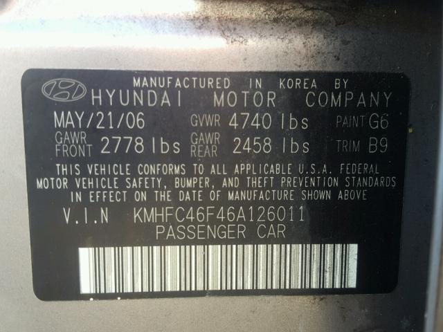 KMHFC46F46A126011 - 2006 HYUNDAI AZERA SE GRAY photo 10