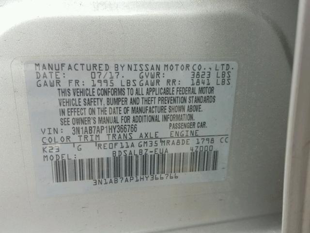 3N1AB7AP1HY366766 - 2017 NISSAN SENTRA S SILVER photo 10