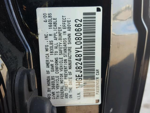 1HGEJ8248YL080662 - 2000 HONDA CIVIC EX შავი ფოტო 10