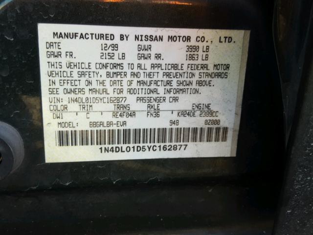 1N4DL01D5YC162877 - 2000 NISSAN ALTIMA XE GREEN photo 10