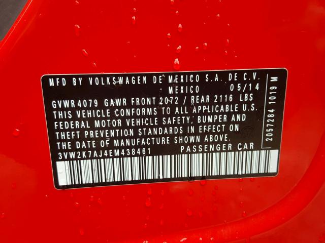 3VW2K7AJ4EM438461 - 2014 VOLKSWAGEN JETTA BASE 红色 照片 10
