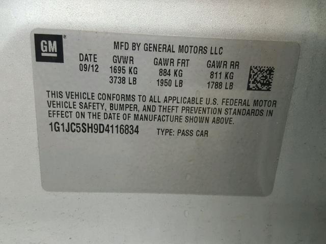 1G1JC5SH9D4116834 - 2013 CHEVROLET SONIC LT SILVER photo 10