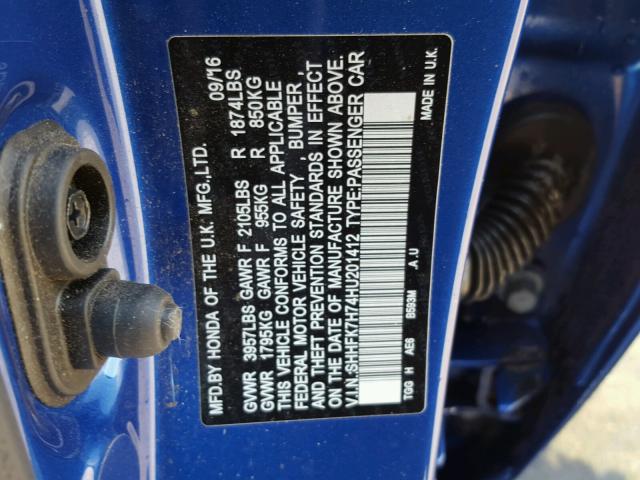 SHHFK7H74HU201412 - 2017 HONDA CIVIC EXL BLUE photo 10