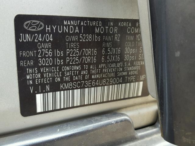 KM8SC73E64U829004 - 2004 HYUNDAI SANTA FE G SILVER photo 10