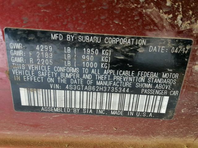 4S3GTAB62H3735344 - 2017 SUBARU IMPREZA PR RED photo 10