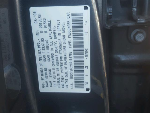 1HGCP26329A199762 - 2009 HONDA ACCORD LX GRAY photo 10