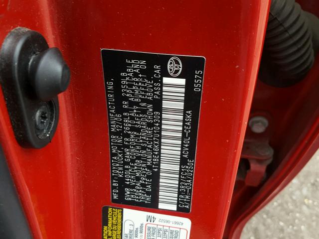 4T1BE46KX7U104309 - 2007 TOYOTA CAMRY NEW RED photo 10