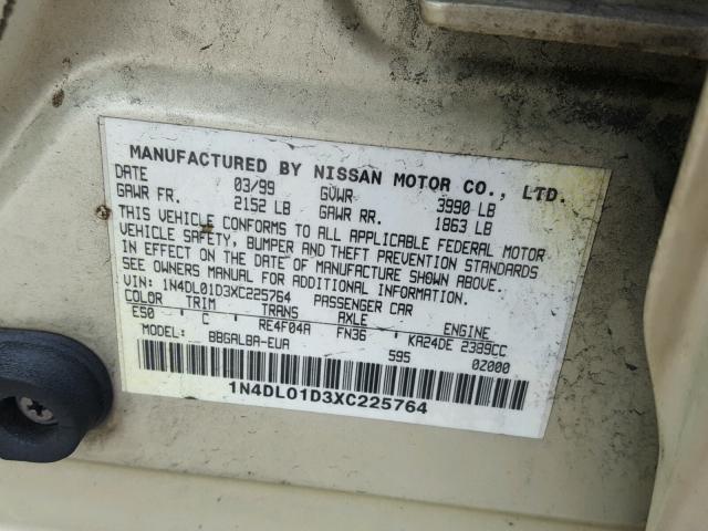 1N4DL01D3XC225764 - 1999 NISSAN ALTIMA XE TAN photo 10