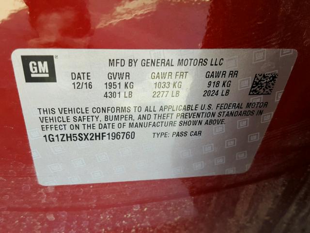 1G1ZH5SX2HF196760 - 2017 CHEVROLET MALIBU PRE 栗色 照片 10