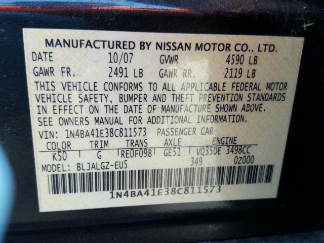 1N4BA41E38C811573 - 2008 NISSAN MAXIMA SE GRAY photo 10