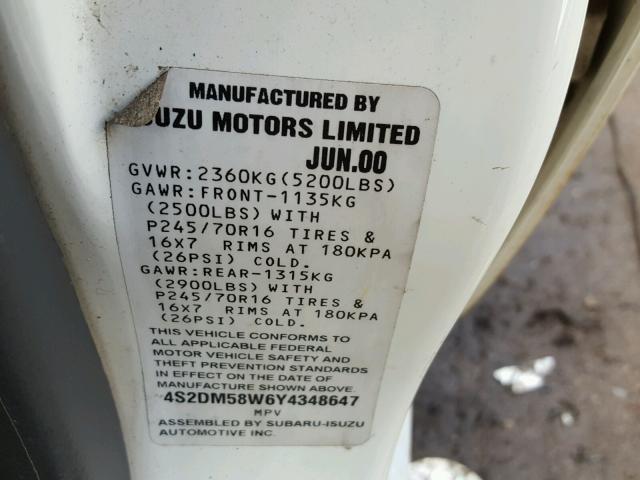 4S2DM58W6Y4348647 - 2000 ISUZU RODEO S WHITE photo 10