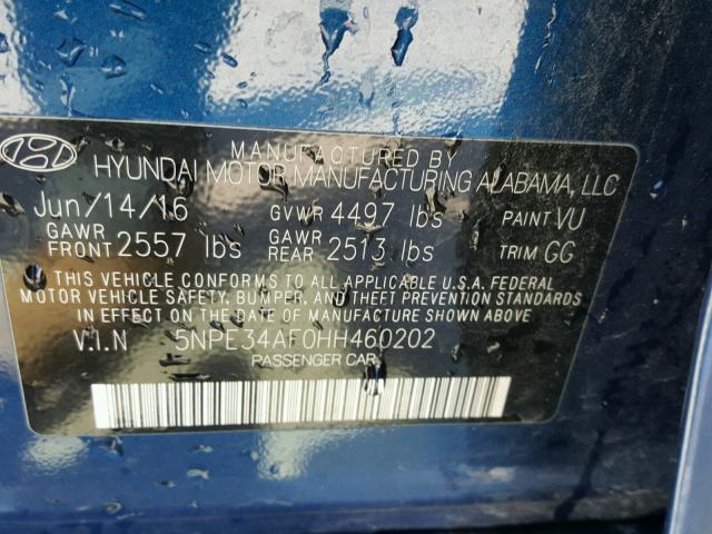 5NPE34AF0HH460202 - 2017 HYUNDAI SONATA SPO BLUE photo 10