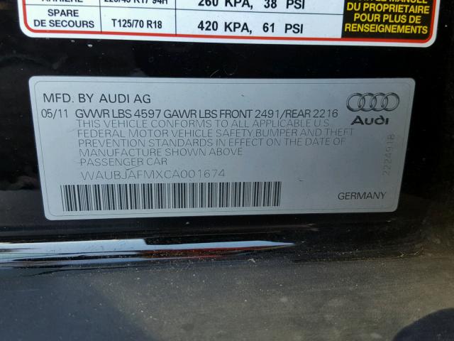 WAUBJAFMXCA001674 - 2012 AUDI A3 PREMIUM BLACK photo 10